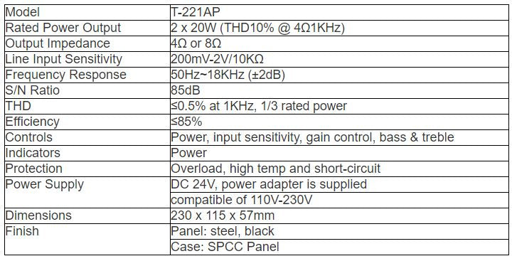 T-221AP 2 Mini Stereo Class-D Amplifier (Unbalanced inputs + Auto power on/off)