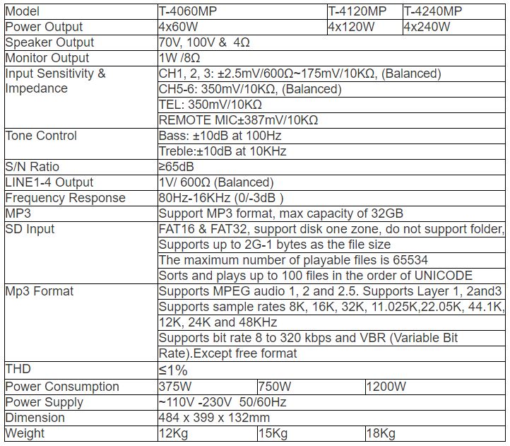 T-4060MP T-4120MP T-4240MP 4 Channel Matrix Mixer Amplifier with Mp3