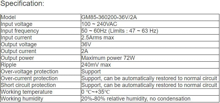 Adapter GM85-360200-36V, 2A