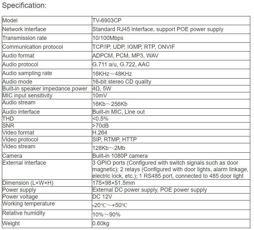 TV-6903CP Video Intercom Terminal
