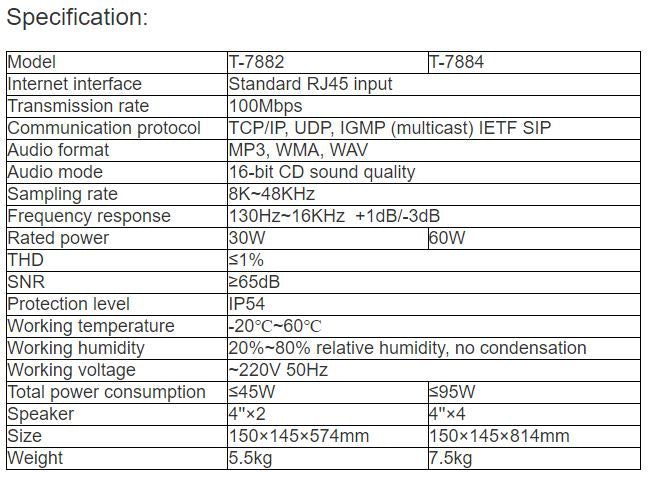 T-7882, T-7884 IP Network Column Speaker
