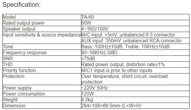 TA-60 Mini Mixer Amplifier with MP3, TUNER, Bluetooth