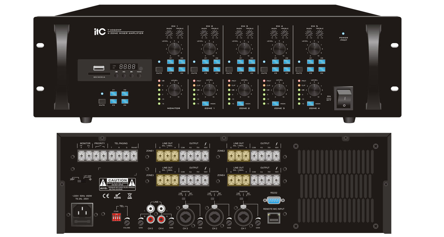 T-4060MP  T-4120MP  T-4240MP 4 Channel Matrix Mixer Amplifier with Mp3