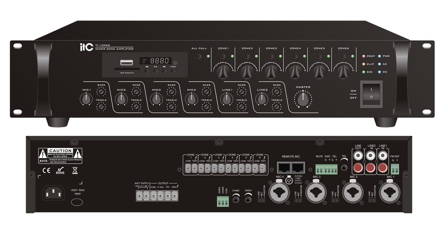 TI-1206S   TI-2406S   TI-3506S   TI-5006S 6 Zones Mixer Amplifier with Mp3
