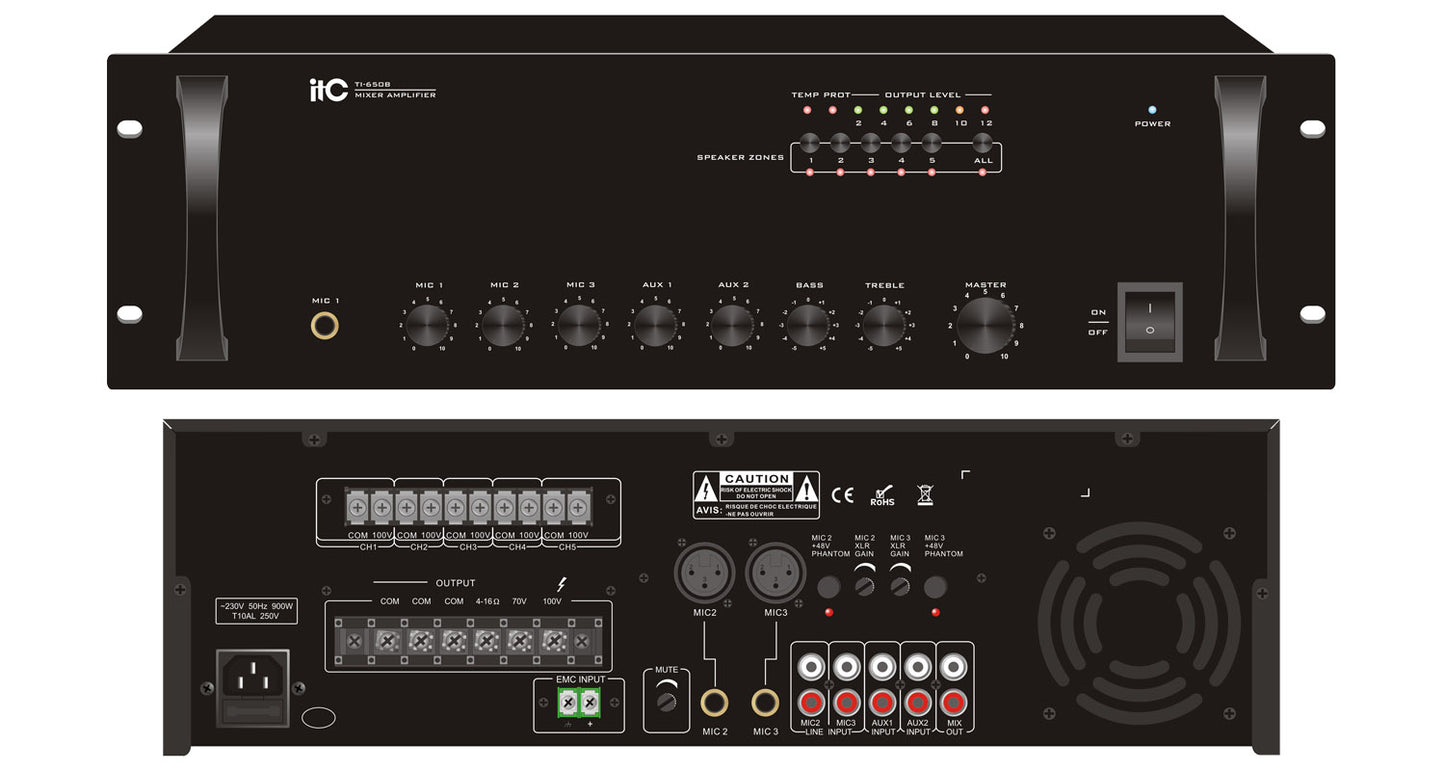 TI-650 5 Zones Mixer Amplifier (Phone Jack MIC Input)/ (XLR Balance MIC Input + Phantom Power)