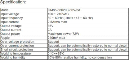 Adapter GM85-360200-36V, 2A