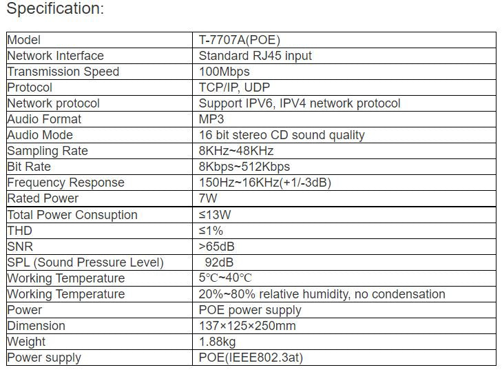 T-7707A（POE）Wall Mount POE Speaker IP