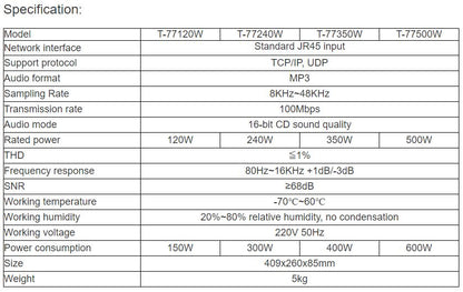 T-77120W/ T-77240W/ T-77350W/ T-77500W IP Network Power Amplifier Terminal
