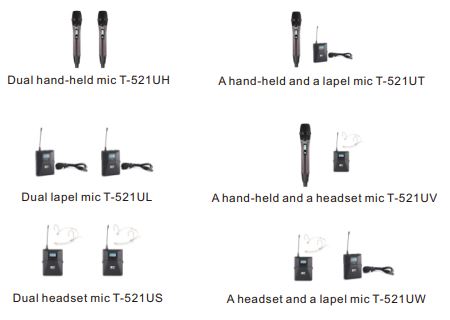 T-521UH, T-521UT, T-521UL, T-521UV, T-521US, T-521UW UHF-Dual Channel Wireless Microphone
