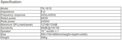 TK-181S High grade ultra low frequency sound box