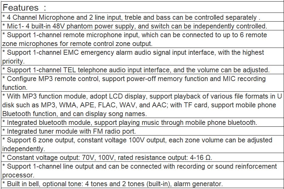TZ-6350, TZ-6500 6 Zones Digital Mixer Amplifier with MP3, TUNER, Bluetooth