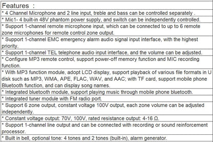 TZ-6350, TZ-6500 6 Zones Digital Mixer Amplifier with MP3, TUNER, Bluetooth