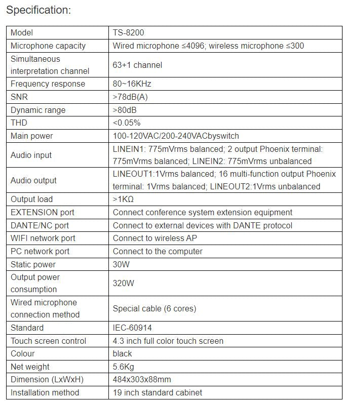 TS-8200 Full Digital Conference System Controller