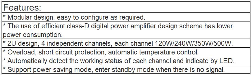 VA-P4120( 4 x 120W), VA-P4240(4 x 240W), VA-P4350(4 x 350W), VA-P4500(4 x 500W) Class-D Digital Amplifier