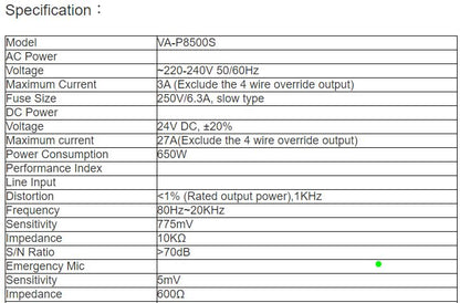 VA-P8500S 8 Zone Voice Alarm Amplifier