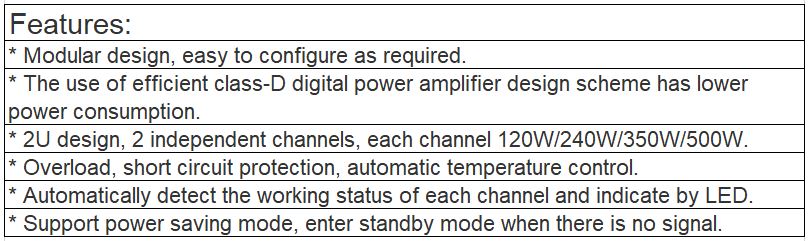 VA-P2120( 2 x 120W), VA-P2240(2 x 240W), VA- P2350( 2 x 350W), VA-P2500(2 x 500W) Class-D Digital Amplifier
